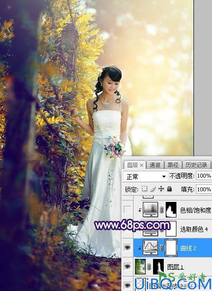 Photoshop给裸露香肩的美女婚纱照调出绚丽的蓝黄色秋季逆光效果