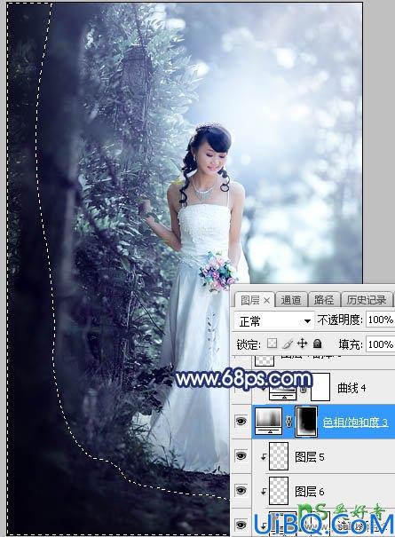 Photoshop婚片调色教程：给秋季树林中拍摄的美女婚纱照调出唯美的青蓝色