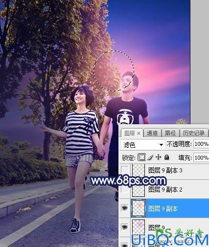 Photoshop调色教程：给街头慢跑的情侣照片调出唯美风格紫色霞光效果