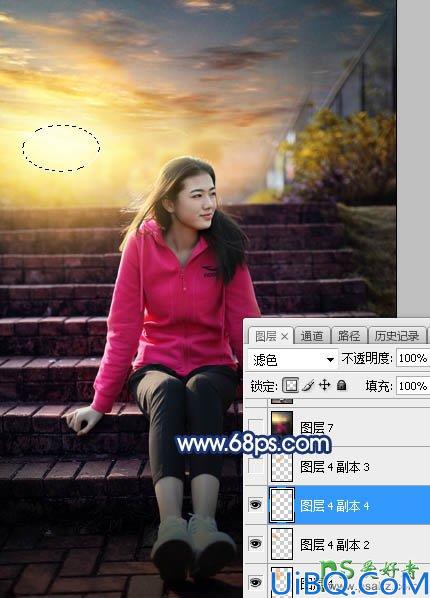 Photoshop给古建筑边自拍的红色运动装青春少女写真图片调出霞光