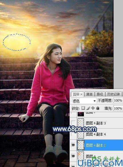 Photoshop给古建筑边自拍的红色运动装青春少女写真图片调出霞光