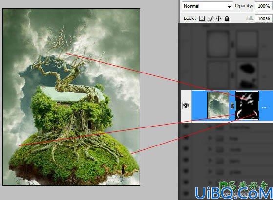 Photoshop合成教程：合成科幻效果的古老树屋-天空中飞翔的古树效果