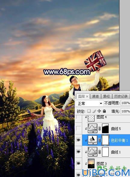 Photoshop给薰衣草花海中拍摄的情侣婚纱照调出绚丽的霞光色