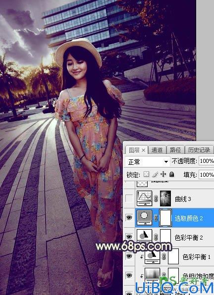 Photoshop给街景广场中的美腿女生照片调出暖色调黄昏日光效果