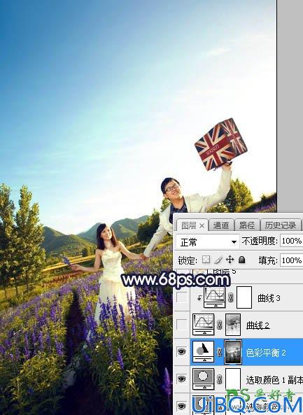 Photoshop给薰衣草花海中拍摄的情侣婚纱照调出绚丽的霞光色