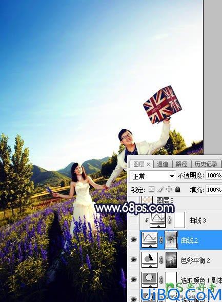 Photoshop给薰衣草花海中拍摄的情侣婚纱照调出绚丽的霞光色