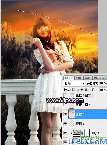 Photoshop调色教程：利用霞光素材给外拍美女艺术写真照调出梦幻的暖黄色