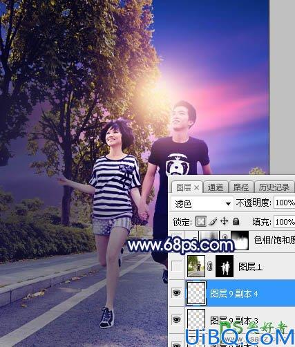 Photoshop调色教程：给街头慢跑的情侣照片调出唯美风格紫色霞光效果