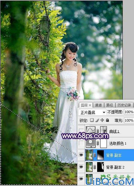 Photoshop给裸露香肩的美女婚纱照调出绚丽的蓝黄色秋季逆光效果