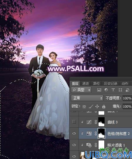 Photoshop婚纱照调色：给秋景树林中拍摄的情侣婚片调出浪漫的紫色霞光