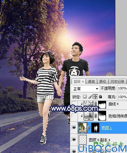 Photoshop调色教程：给街头慢跑的情侣照片调出唯美风格紫色霞光效果