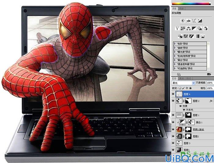 photoshop合成蜘蛛狭电影中人物从电脑屏幕中爬出来的效果