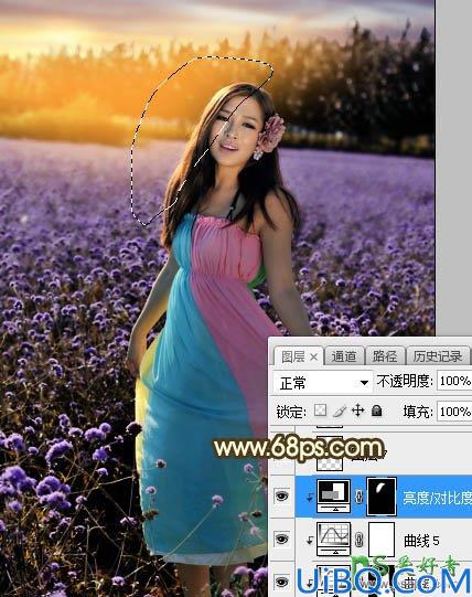 Photoshop给粉色长裙性感嫂子花圃中的写真照调出唯美意境霞光色