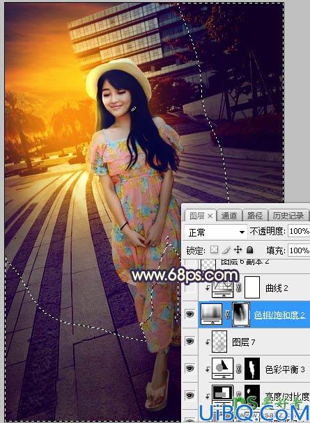 Photoshop给街景广场中的美腿女生照片调出暖色调黄昏日光效果