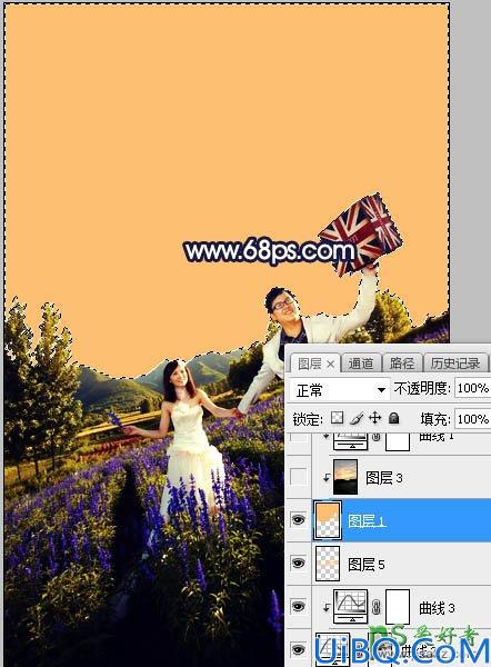 Photoshop给薰衣草花海中拍摄的情侣婚纱照调出绚丽的霞光色