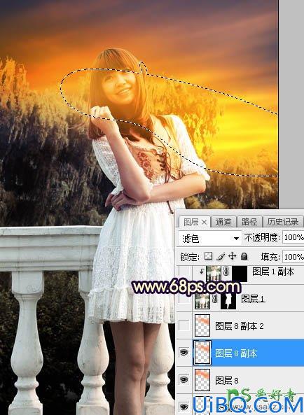 Photoshop调色教程：利用霞光素材给外拍美女艺术写真照调出梦幻的暖黄色