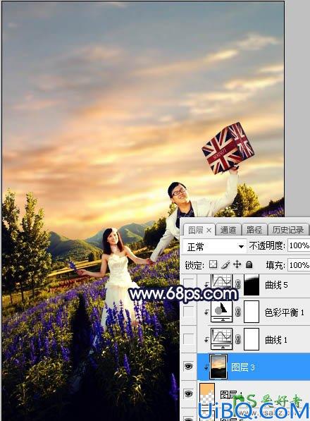 Photoshop给薰衣草花海中拍摄的情侣婚纱照调出绚丽的霞光色