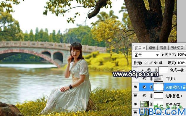 Photoshop调色教程：给公园小河边自拍的白色连衣裙少妇调出唯美的晨曦色