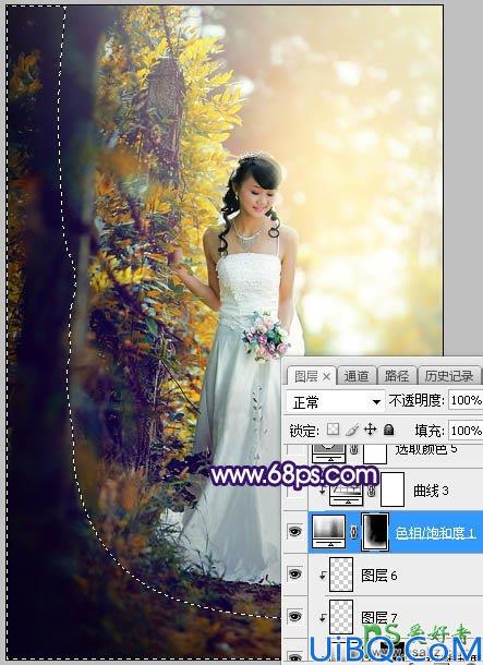 Photoshop给裸露香肩的美女婚纱照调出绚丽的蓝黄色秋季逆光效果