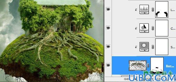 Photoshop合成教程：合成科幻效果的古老树屋-天空中飞翔的古树效果
