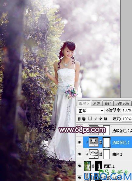 Photoshop给树林中拍摄的清新美女婚纱艺术照调出唯美的淡紫色