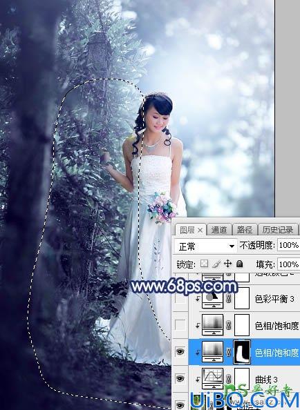 Photoshop婚片调色教程：给秋季树林中拍摄的美女婚纱照调出唯美的青蓝色