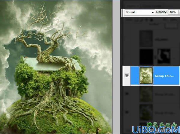 Photoshop合成教程：合成科幻效果的古老树屋-天空中飞翔的古树效果