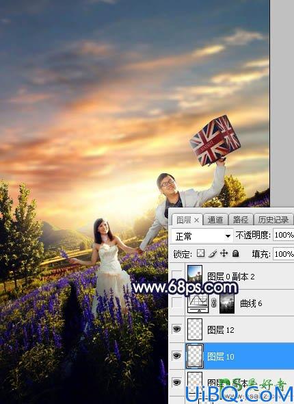 Photoshop给薰衣草花海中拍摄的情侣婚纱照调出绚丽的霞光色