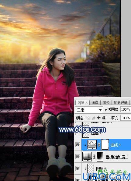 Photoshop给古建筑边自拍的红色运动装青春少女写真图片调出霞光