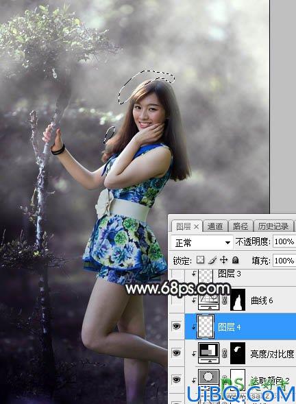 Photoshop调色教程：给唯美森林中自拍的成熟魅力女人艺术照调出中性紫绿