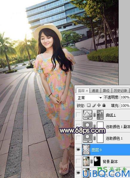 Photoshop给街景广场中的美腿女生照片调出暖色调黄昏日光效果