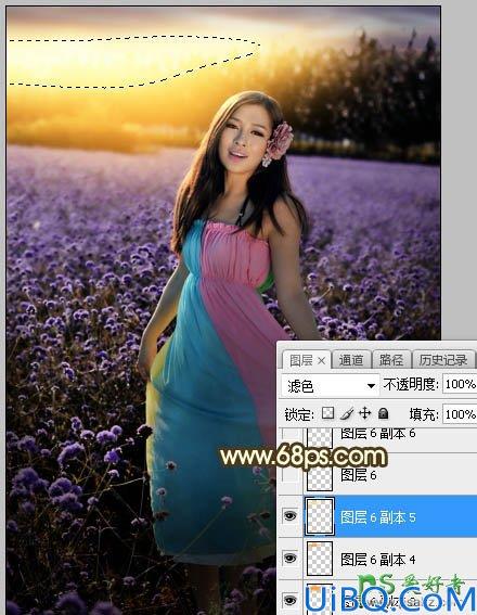 Photoshop给粉色长裙性感嫂子花圃中的写真照调出唯美意境霞光色