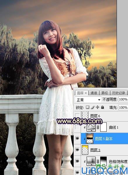 Photoshop调色教程：利用霞光素材给外拍美女艺术写真照调出梦幻的暖黄色