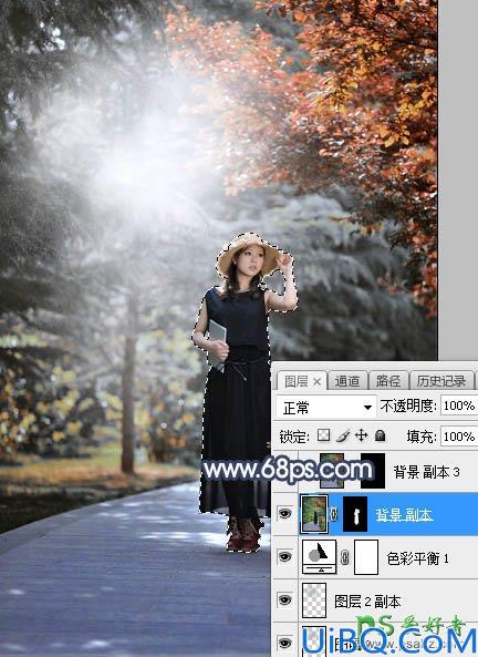 Photoshop给白领职业装妖媚美女公园写真照调出暗调秋季色彩