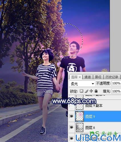 Photoshop调色教程：给街头慢跑的情侣照片调出唯美风格紫色霞光效果