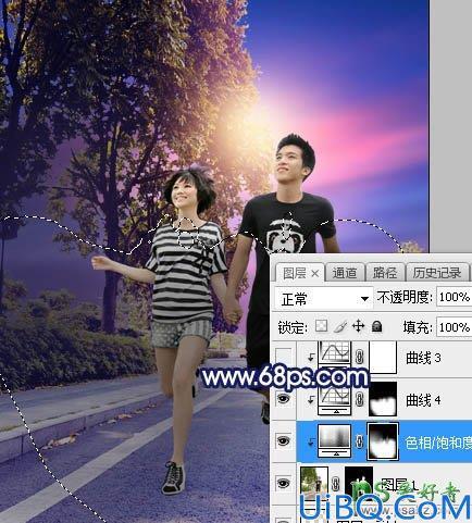 Photoshop调色教程：给街头慢跑的情侣照片调出唯美风格紫色霞光效果