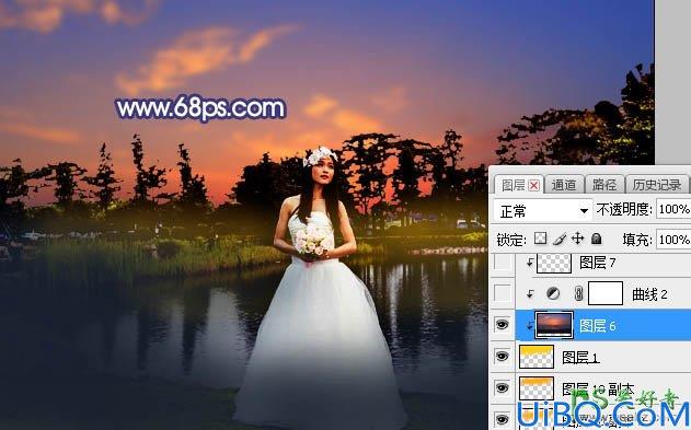 Photoshop婚纱照调色教程：给池塘边拍摄的清纯女生婚纱照调出黄昏夕阳色