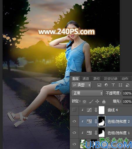 Photoshop给公园外景拍摄的性感高跟美女照片调出唯美的霞光色。