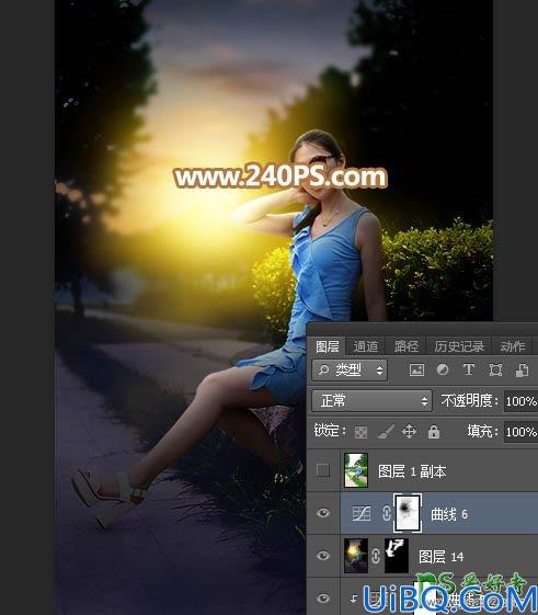 Photoshop给公园外景拍摄的性感高跟美女照片调出唯美的霞光色。