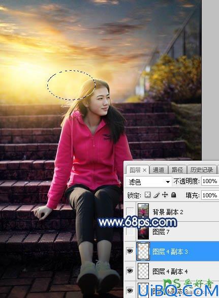 Photoshop给古建筑边自拍的红色运动装青春少女写真图片调出霞光