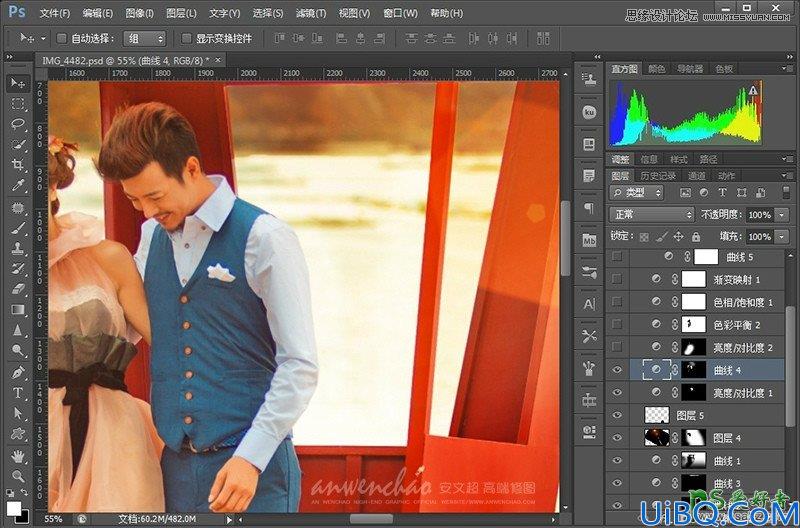 Photoshop给山区水库边拍摄的情侣婚纱艺术照调出暖暖的夕阳景色