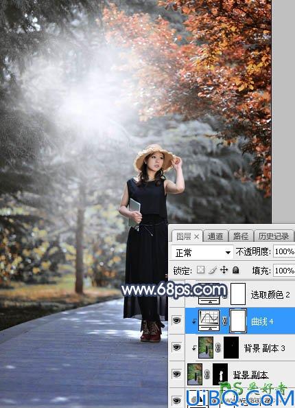 Photoshop给白领职业装妖媚美女公园写真照调出暗调秋季色彩