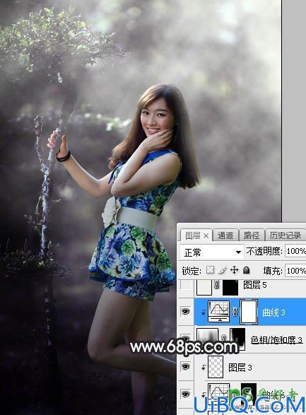 Photoshop调色教程：给唯美森林中自拍的成熟魅力女人艺术照调出中性紫绿