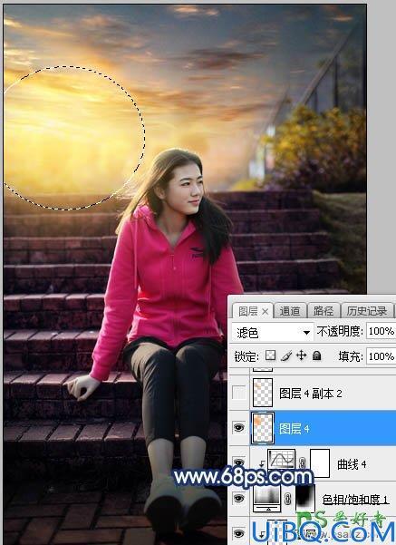 Photoshop给古建筑边自拍的红色运动装青春少女写真图片调出霞光