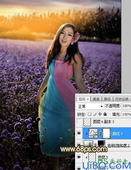 Photoshop给粉色长裙性感嫂子花圃中的写真照调出唯美意境霞光色