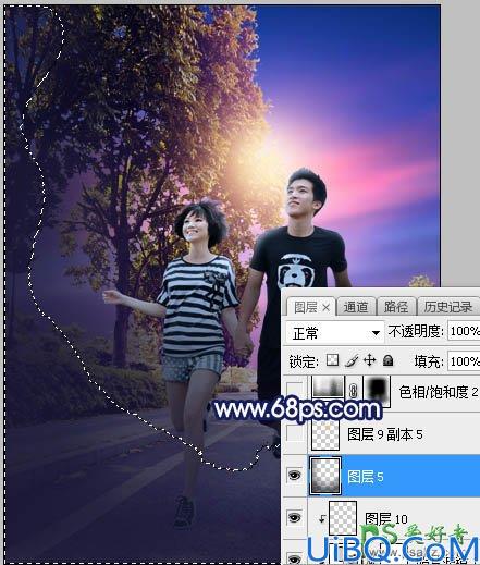 Photoshop调色教程：给街头慢跑的情侣照片调出唯美风格紫色霞光效果