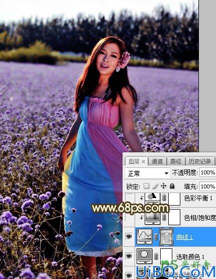 Photoshop给粉色长裙性感嫂子花圃中的写真照调出唯美意境霞光色