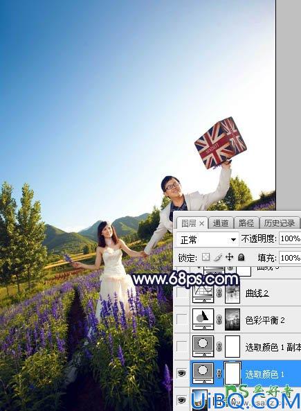 Photoshop给薰衣草花海中拍摄的情侣婚纱照调出绚丽的霞光色