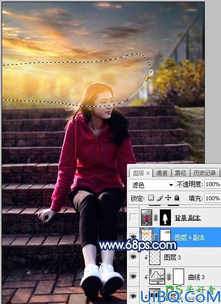 Photoshop给古建筑边自拍的红色运动装青春少女写真图片调出霞光