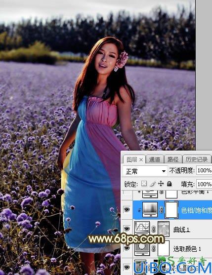 Photoshop给粉色长裙性感嫂子花圃中的写真照调出唯美意境霞光色